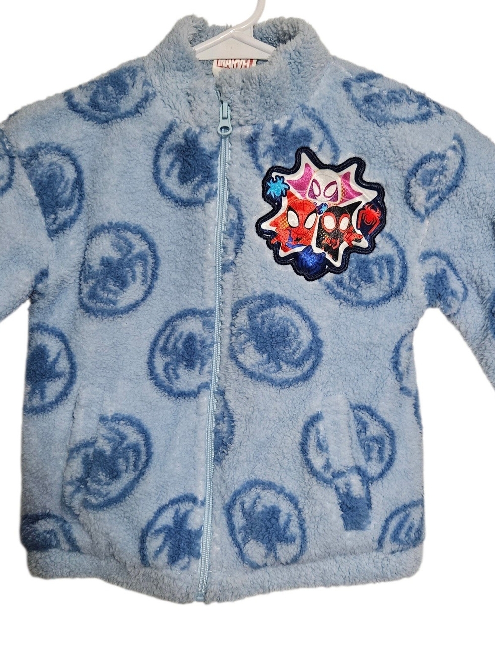 Marvel Kids Light Blue Plush Puffer Jacket with Spider Patch